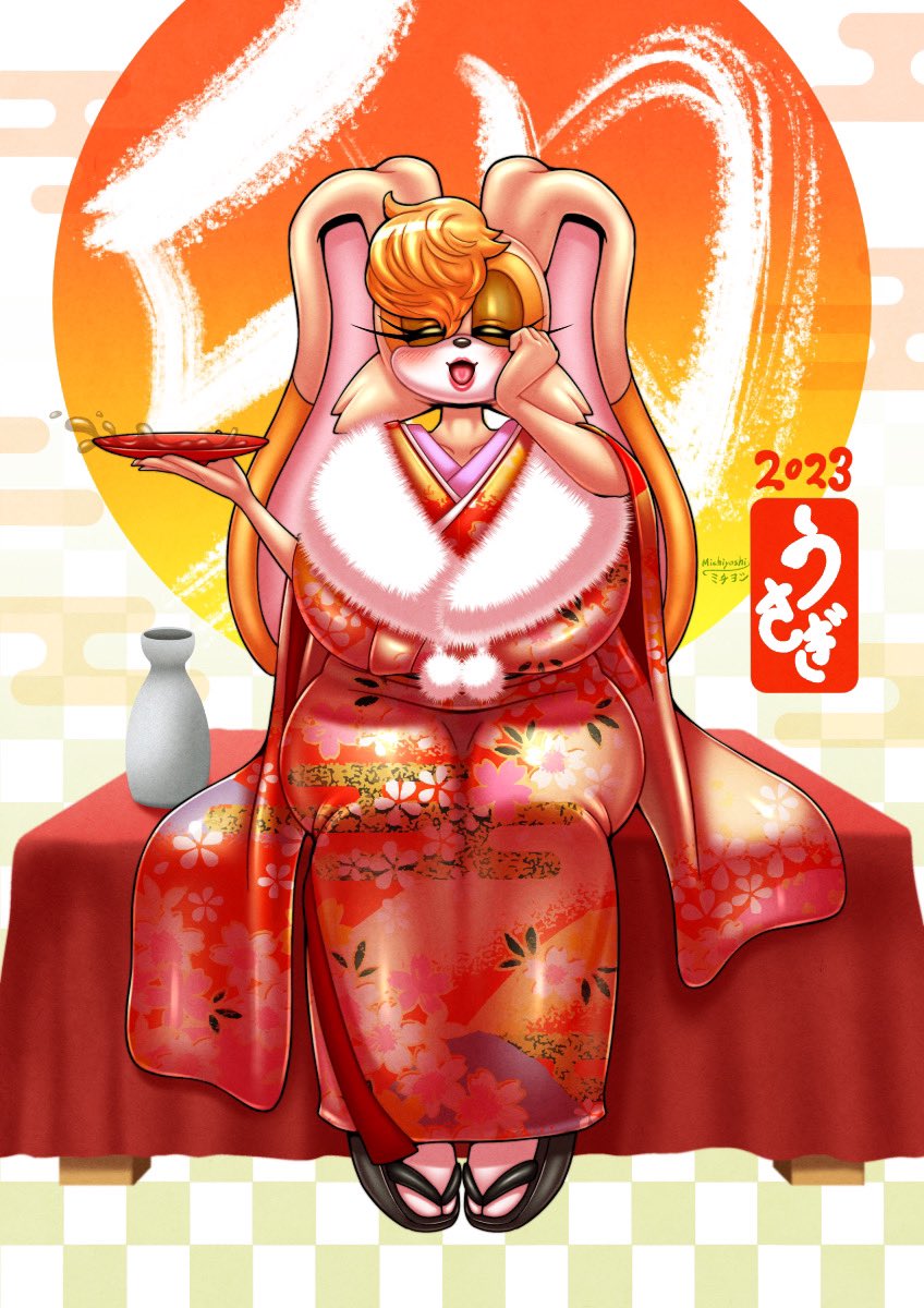 alcohol anthro asian_clothing beverage big_breasts blush breasts clothing east_asian_clothing eyes_closed female footwear hand_on_cheek holidays huge_breasts japanese_clothing kimono mature_female open_mouth sake sandals shoes sitting socks solo tabi_socks michiyoshi chinese_new_year sega sonic_the_hedgehog_(series) vanilla_the_rabbit lagomorph leporid mammal rabbit 2023 hi_res