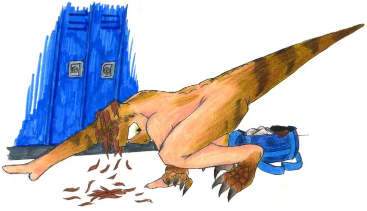 brown_hair claws falling_hair feral finger_claws green_eyes gym_bag hair locker locker_room looking_at_self male mid_transformation nude sickle_claw solo striped_body stripes toe_claws transformation foxx dinosaur dromaeosaurid human mammal prehistoric_species reptile scalie theropod velociraptor