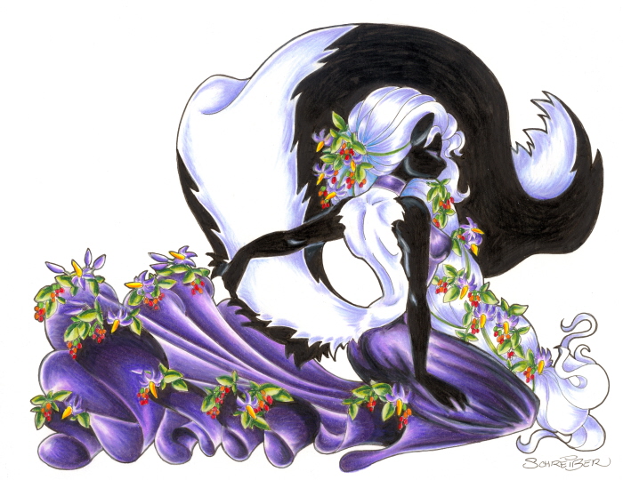 anthro black_body black_fur clothed clothing dress eyes_closed female flower fur hair leaf nightshade_(flower) plant simple_background solo white_background white_body white_fur white_hair sandy_schreiber mammal mephitid skunk