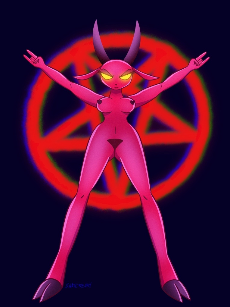 anthro big_breasts big_butt black_horn black_nipples breasts butt duo erect_nipples female fur glowing glowing_eyes hooves horn looking_at_viewer looking_down nipples nude occult_symbol pentagram pubes pubes_exposed red_body red_fur red_horn solo symbol yellow_eyes corruptedcartoonist judas_and_jesus mary_magdalene bovid caprine caprine_demon demon goat goat_demon mammal