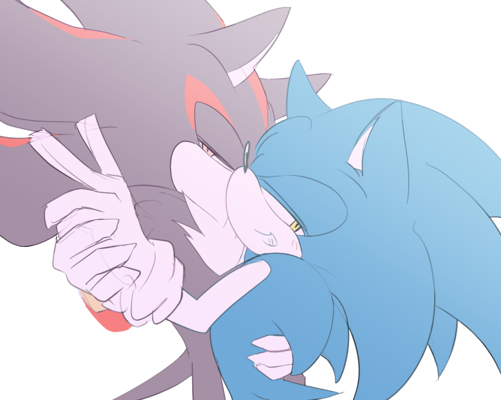 anthro black_body black_fur blue_body blue_fur blush clothing duo fur gesture gloves green_eyes grin hand_gesture hand_holding handwear looking_at_viewer male male/male red_body red_fur simple_background smile v_sign white_background sikai sega sonic_the_hedgehog_(series) shadow_the_hedgehog sonic_the_hedgehog eulipotyphlan hedgehog mammal 5:4