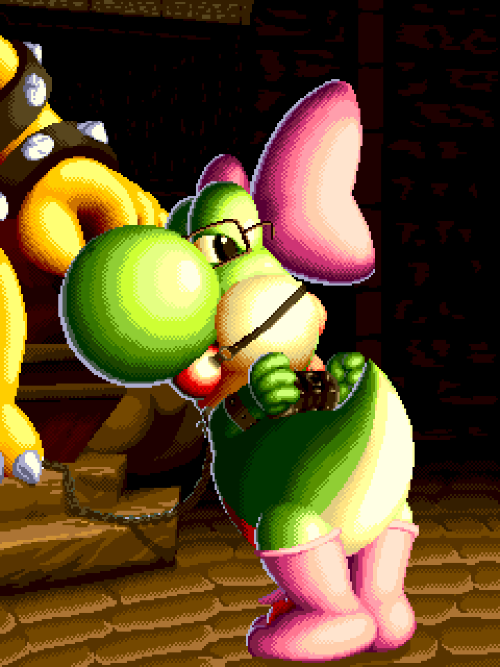 arms_tied ball_gag bdsm bondage bound bow_ribbon chain chained chair clothing dithering duo feral furniture gag genitals green_body green_skin hands_behind_back legwear male male/male orange_body orange_skin penis stockings tail tailbutt thick_tail throne flygon_(artist) lenniyosh mario_bros nintendo bowser lenni_(boundedyoshi) green_yoshi koopa scalie yoshi 3:4 digital_media_(artwork) pixel_(artwork)