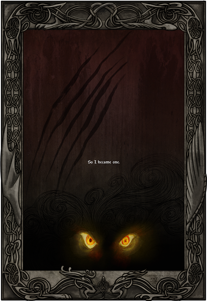 ambiguous_gender art_nouveau border claw_marks feral glowing glowing_eyes ornate_border text cosmicunicorn friendship_is_magic hasbro my_little_pony discord_(mlp) chimera draconequus 2012 brown_theme comic english_text