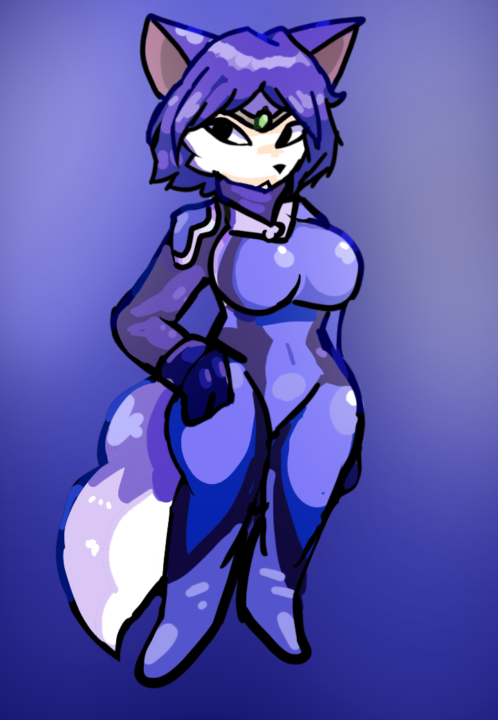 anthro big_breasts blue_body blue_fur blue_hair bodysuit breasts clothed clothing female fur hair hand_on_hip looking_at_viewer serious_face simple_background skinsuit solo tail thick_thighs tight_clothing toony white_body white_fur wide_hips unknown_artist zak898 nintendo star_fox krystal_(star_fox) canid canine fox mammal digital_media_(artwork)