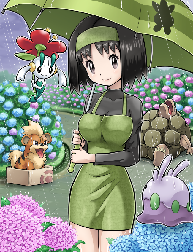 black_eyes black_hair brown_body brown_skin female feral flower fur group gym_leader hair human_focus not_furry_focus orange_body orange_fur outside plant purple_body purple_skin raining rock umbrella pokemoa nintendo pokemon erika_(pokemon) canid elemental_creature fairy floette gastropod generation_1_pokemon generation_6_pokemon golem_(pokemon) goomy growlithe human humanoid mammal mineral_fauna mollusk pokemon_(species) red_flower_floette rock_creature