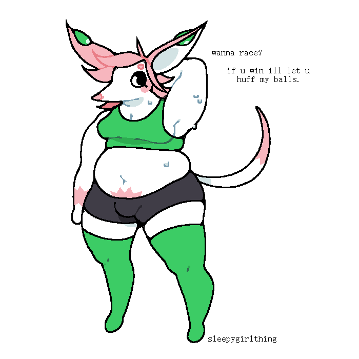 anthro belly big_belly big_butt big_ears bodily_fluids bottomwear bulge butt clothing gynomorph intersex legwear overweight pubes short_stack shorts solo sweat text thick_thighs thigh_highs sleepygirlthing monster_racers frosting_(sleepygirlthing) bandicute_(monster_racers) 1:1 digital_media_(artwork) english_text