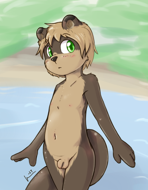 anthro balls blonde_hair blush flaccid foreskin genitals green_eyes hair lake looking_at_viewer male navel nipples nude penis solo standing water young young_anthro ketsa lee_(ajdurai) mammal mustelid otter