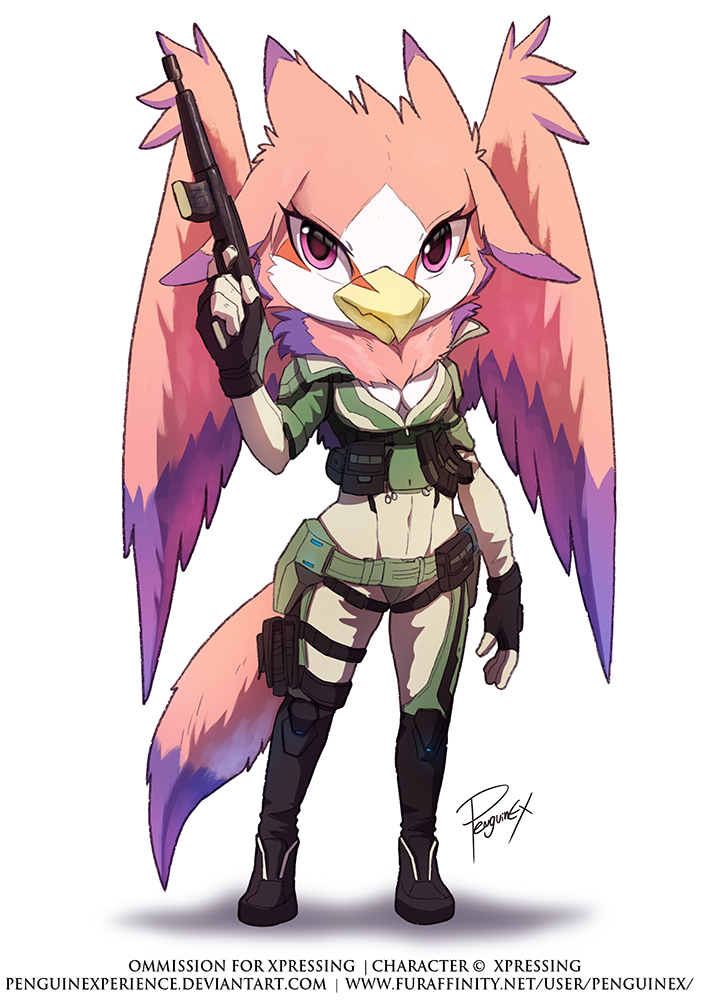 anthro beak clothed clothing dipstick_tail female front_view gun holding_gun holding_object holding_ranged_weapon holding_weapon looking_at_viewer markings mouth_closed pink_body pink_eyes pink_tail pink_wings purple_body purple_tail purple_wings ranged_weapon simple_background solo standing tail tail_markings text weapon white_background white_body wings yellow_beak penguinexperience mythology froxtz avian gryphon mythological_avian mythological_creature full-length_portrait portrait signature url