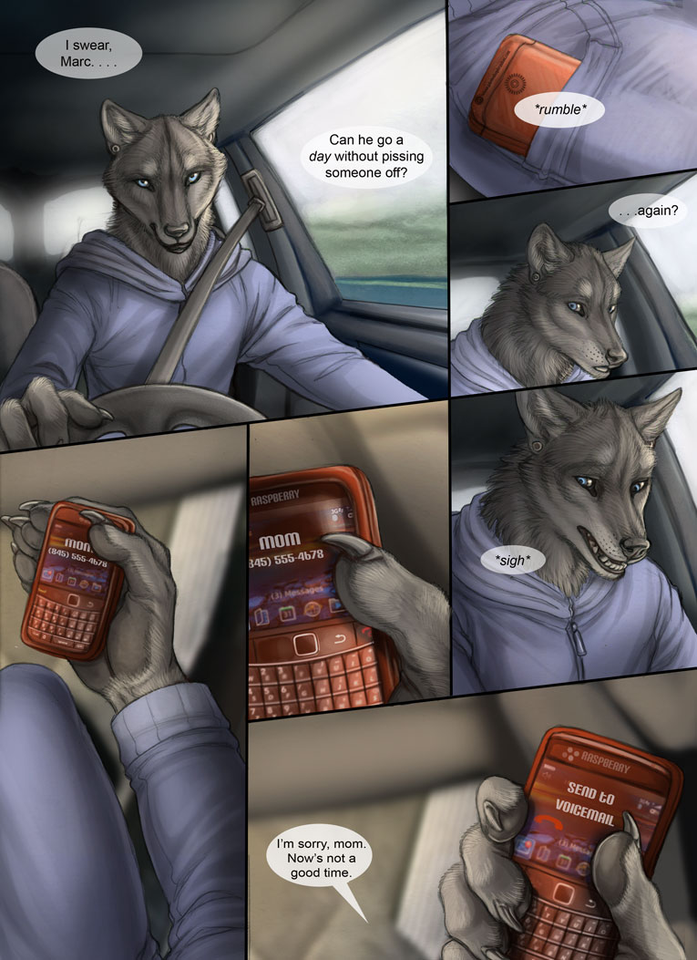 anthro bar_phone black_nose blue_bottomwear blue_clothing blue_eyes blue_jacket blue_pants blue_topwear bottomwear car cellphone claws clothed clothing dialogue ear_piercing electronics fully_clothed fur grey_body grey_fur holding_cellphone holding_object holding_phone inside_car inside_vehicle jacket male open_mouth pants phone piercing sigh solo speech_bubble text topwear vehicle rukis reis canid canine canis mammal wolf comic english_text