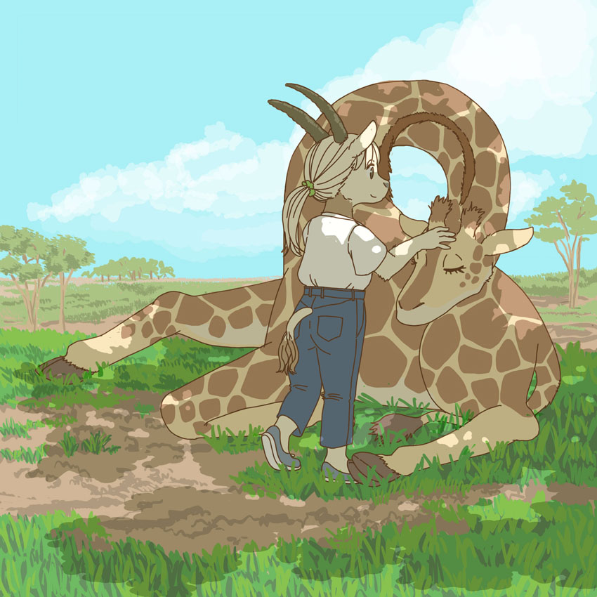 ambiguous_gender anthro clothed clothing duo eyes_closed female feral headpat kemono sleeping ekaki510 antelope arabian_oryx bovid giraffe giraffid grazing_antelope mammal oryx 1:1