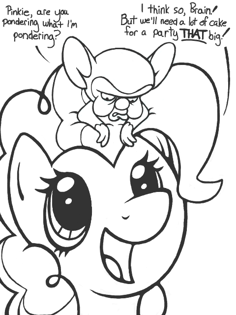 duo female feral simple_background text white_background caffeinerabbit friendship_is_magic hasbro my_little_pony pinky_and_the_brain warner_brothers pinkie_pie_(mlp) the_brain earth_pony equid equine horse mammal mouse murid murine pony rodent 3:4 black_and_white comic crossover english_text monochrome