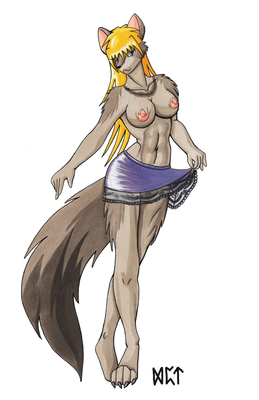 anthro areola black_nose blonde_hair bottomwear breasts claws clothed clothing clothing_lift female hair long_hair navel nipples skirt skirt_lift solo topless ratofblades canid canine canis mammal wolf hi_res