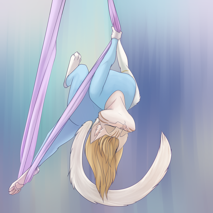 aerial_silk anthro barefoot blonde_hair clothed clothing eyes_closed feet female fur hair pawpads pink_pawpads silk_dancing solo tail unitard white_body white_fur foxenawolf domestic_cat felid feline felis mammal 1:1