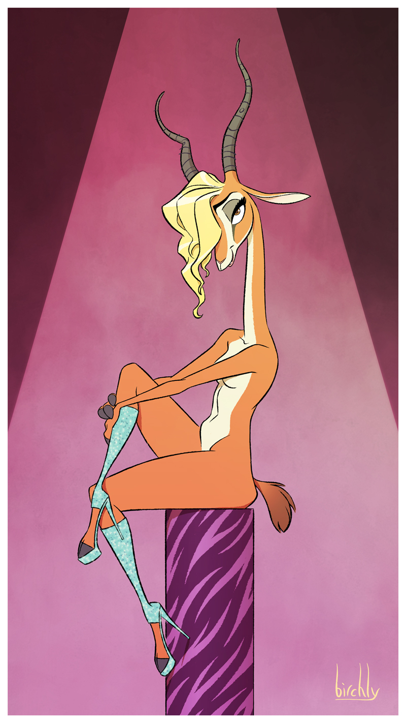 anthro arm_censor blonde_hair clothing convenient_censorship female footwear hair looking_at_viewer nude pose simple_background solo birchly disney zootopia gazelle_(zootopia) antelope bovid gazelle grant's_gazelle mammal nanger true_antelope censored hi_res