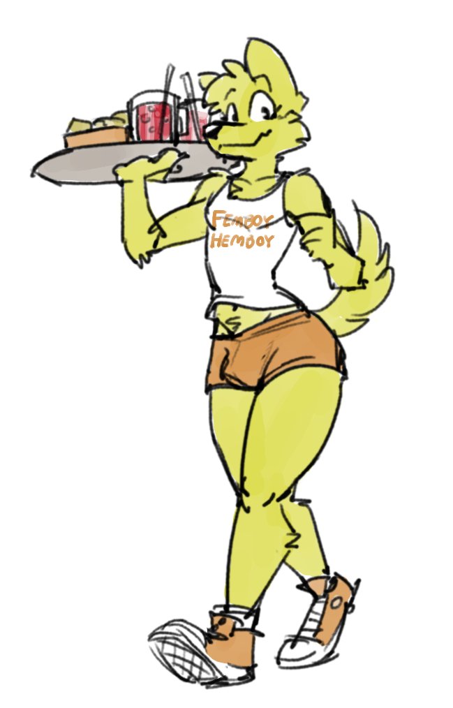 anthro beverage black_nose blonde_hair bottomwear bulge cheek_tuft clothing eyelashes facial_tuft femboy food footwear fur hair holding_object holding_plate hooters_uniform looking_at_viewer male midriff navel shirt shoes shorts smile solo tank_top text text_on_clothing text_on_shirt text_on_tank_top text_on_topwear topwear tuft waiter walking yellow_body yellow_fur artbyyellowdog femboy_hooters hooters roger_(artbyyellowdog) canid canine canis domestic_dog mammal 2020 digital_media_(artwork) english_text