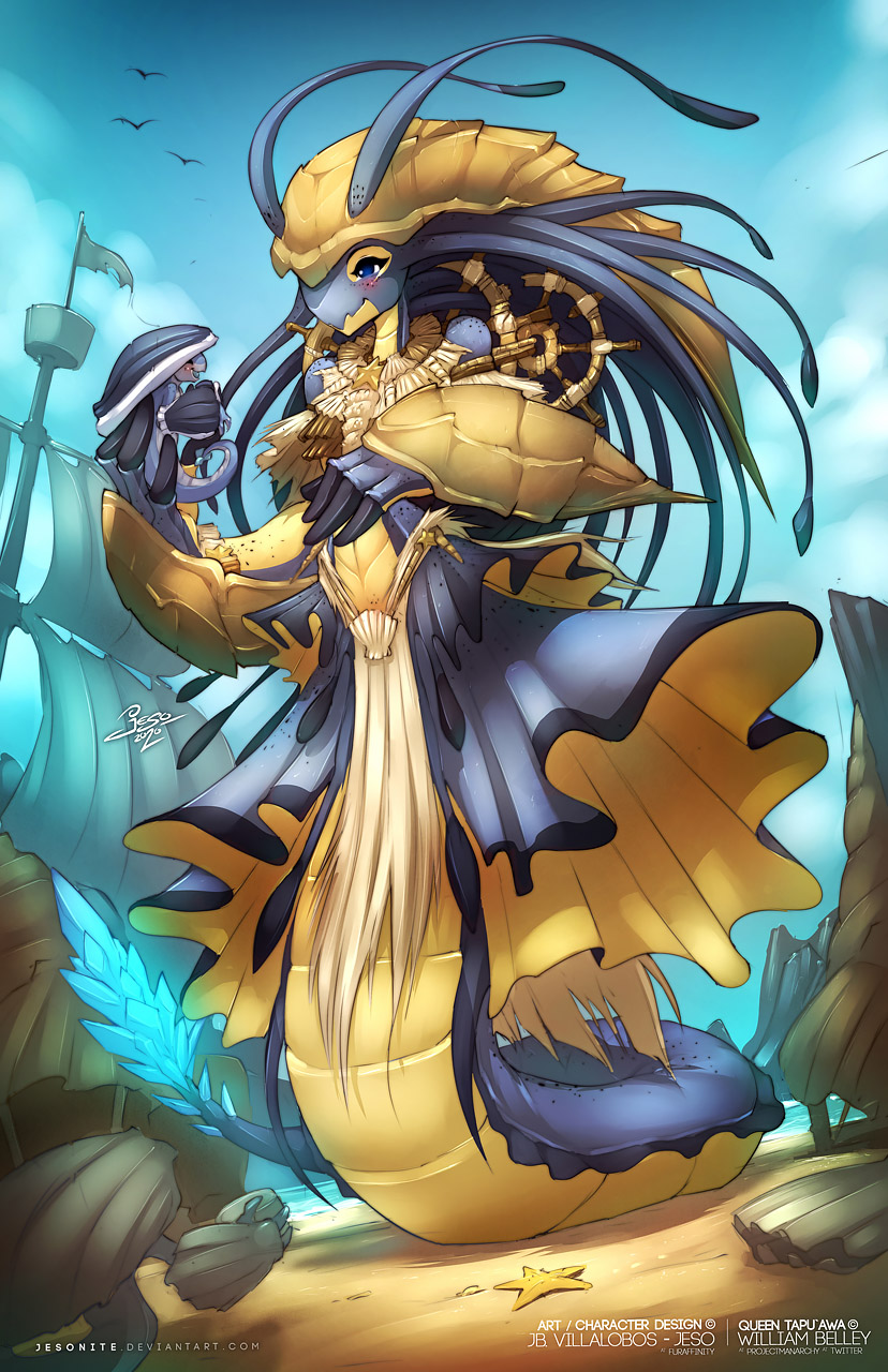 anthro blue_body blue_eyes blue_tail day detailed_background duo female legless outside size_difference sky smile tail text yellow_body yellow_tail young jesonite marine 2020 digital_media_(artwork) english_text hi_res