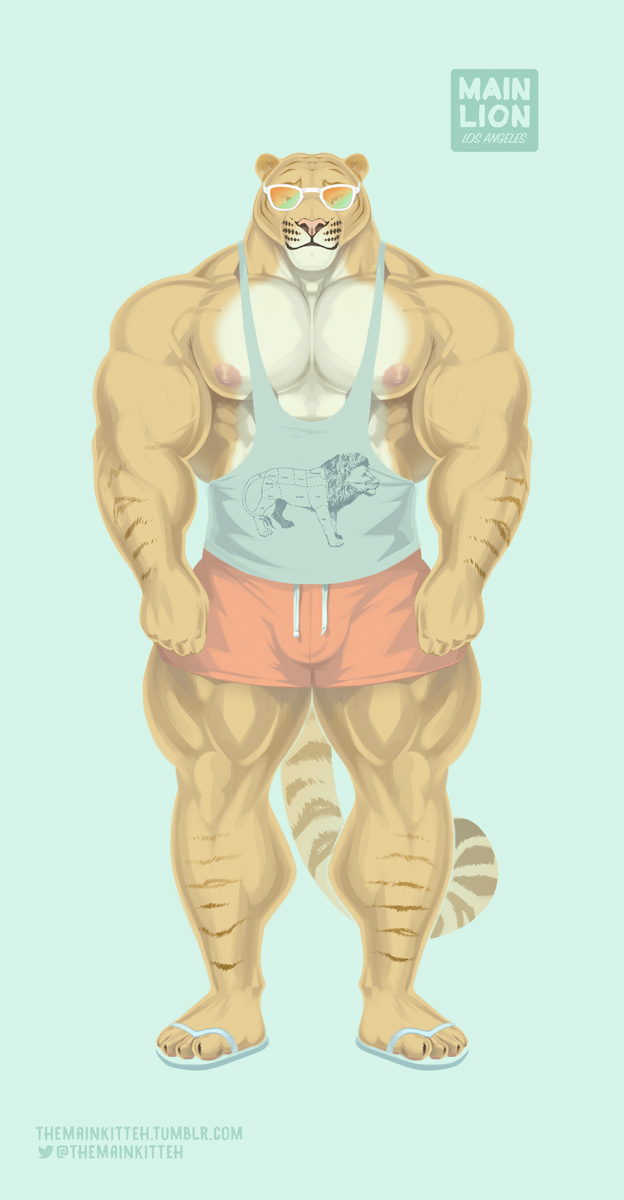 anthro areola big_muscles bottomwear bulge clothed clothing eyewear footwear front_view huge_muscles hyper hyper_muscles looking_at_viewer male markings muscular muscular_anthro muscular_male nipples pecs sandals shirt shoes shorts simple_background solo standing stripes sunglasses tank_top text thick_thighs topwear vein veiny_muscles purrcules_(artist) purrcules_(character) felid hybrid liger lion mammal pantherine 2017 hi_res url