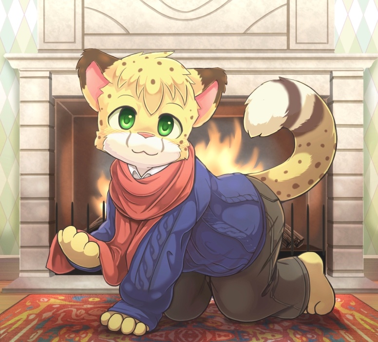 all_fours anthro bottomwear clothed clothing coat countershading fire fireplace fully_clothed green_eyes inside looking_at_viewer male pants scarf solo topwear young young_anthro yojoo salmy cheetah felid feline mammal