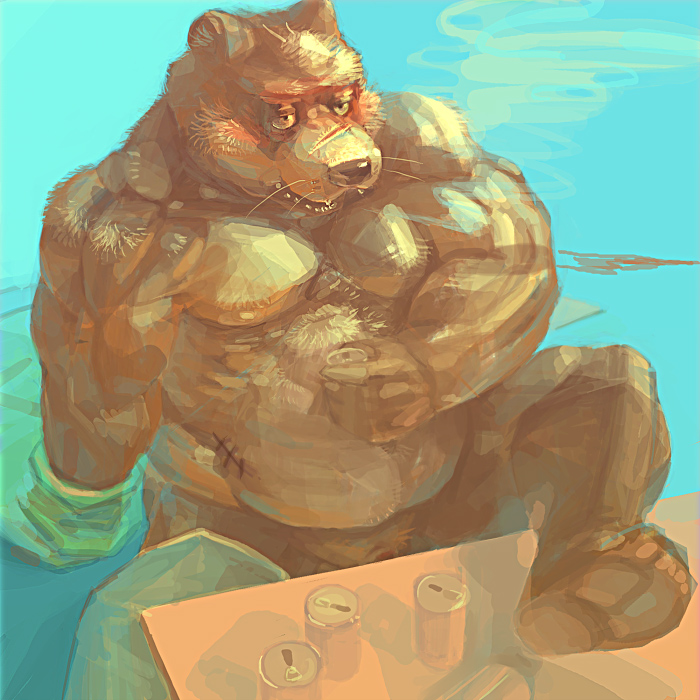 abs alcohol anthro beer beverage biceps biped brown_body brown_fur claws drinking fangs food fur genitals male musclegut muscular muscular_anthro muscular_male nipples nude open_mouth overweight overweight_anthro overweight_male pecs penis pose scar sitting slightly_chubby solo swimming_pool teeth water wet motogen bear mammal 1:1 2008