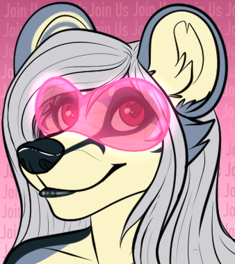 anthro cheek_tuft eyewear facial_tuft female fur glasses grey_hair hair heart_eyes heart_symbol inner_ear_fluff looking_at_viewer multicolored_body multicolored_fur pink_background simple_background solo text tuft yutmutt natasha_(mammaawd) african_wild_dog canid canine mammal 2022 english_text icon low_res