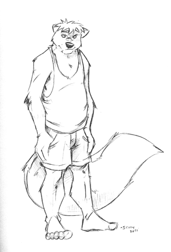 5_toes anthro arm_tuft barefoot biped bottomwear clothing elbow_tuft feet fluffy fluffy_tail front_view head_tuft long_tail male plantigrade shirt shorts slightly_chubby slightly_chubby_anthro slightly_chubby_male smile solo standing tail tank_top toes topwear tuft k-9 circles_(comic) martin_miller mammal mephitid skunk 2001 full-length_portrait greyscale low_res monochrome portrait sketch traditional_media_(artwork)