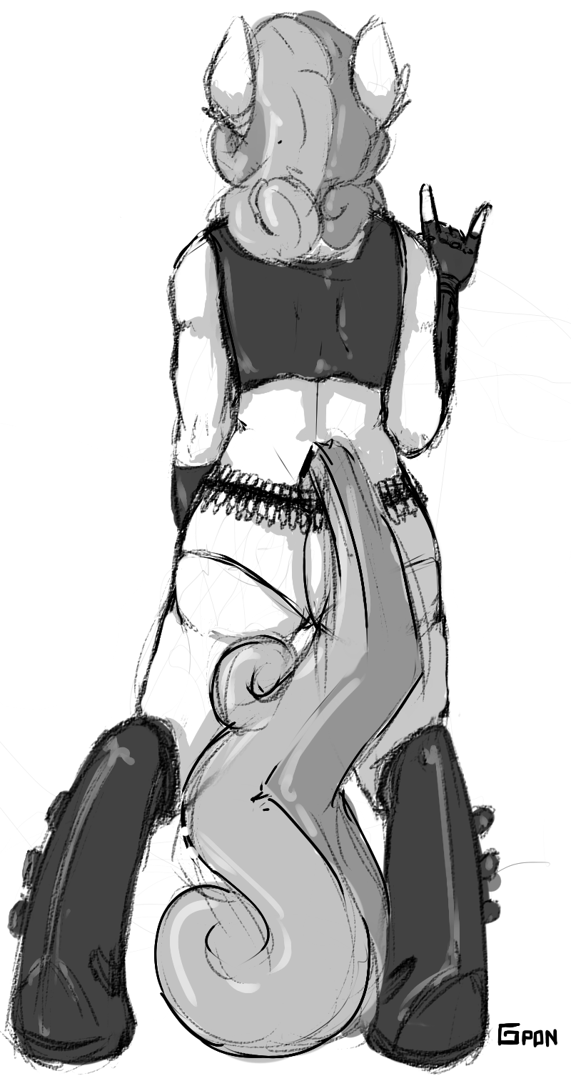 ammo_belt anthro anthrofied biped clothing crop_top female fingerless_gloves gloves hair handwear minipants panties rear_view shirt solo standing topwear underwear gigapon friendship_is_magic hasbro my_little_pony sweetie_belle_(mlp) equid equine horse mammal pony 2014 greyscale hi_res monochrome