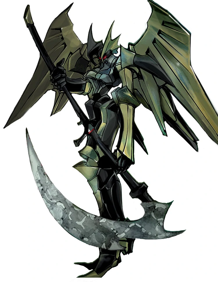 green_body machine mecha melee_weapon not_furry polearm red_eyes scythe simple_background solo standing weapon white_background wings kazuma_kaneko bandai_namco banpresto super_robot_wars dis_astranagant robot digital_media_(artwork) official_art