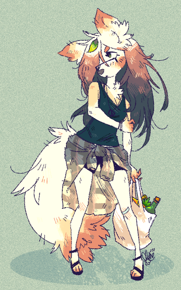 clothed clothing eyewear fluffy fluffy_tail footwear glasses hair high_heels hoodie_around_waist long_hair looking_away shoes solo tail leafie tanuki_(character) canid canine canis domestic_dog mammal