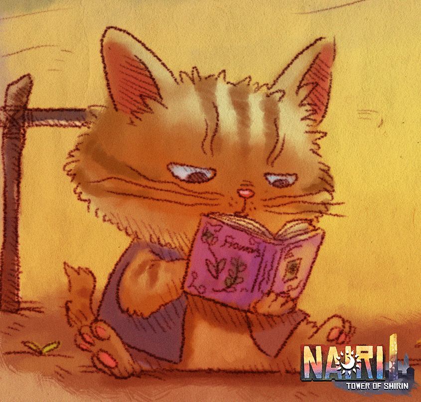 anthro biped book chibi clothed clothing pink_nose reading sitting solo text you_miichi nairi:_tower_of_shirin nairi_(series) riyad_(nairi) domestic_cat felid feline felis mammal 2017 english_text official_art