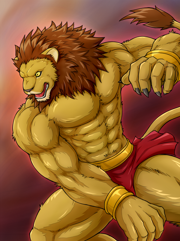 abs anthro athletic belt biceps big_muscles biped bottomwear bracelet brown_body brown_fur brown_hair brown_nose chest_tuft claws clothed clothing fangs fur hair jewelry loincloth male mane muscular muscular_anthro muscular_male open_mouth pecs simple_background solo standing tan_body tan_fur teeth tongue topless tuft wristband yellow_eyes wildheit felid lion mammal pantherine 3:4