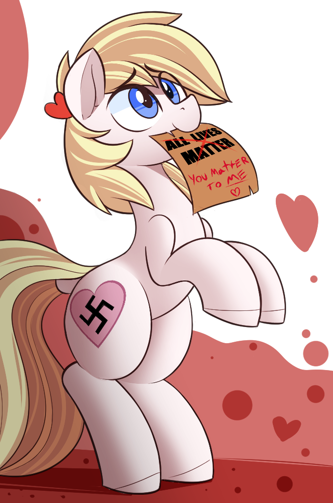 blonde_hair blue_eyes cutie_mark female feral hair heart_symbol nazi politics red_background simple_background solo standing swastika text white_background anonymous_artist hasbro my_little_pony aryanne_(character) fan_character equid equine horse mammal pony 2020 english_text