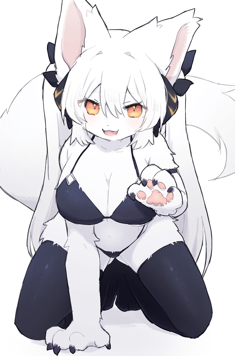 4_fingers all_fours anthro bikini blush bow_ribbon breasts claws cleavage clothed clothing cute_fangs fangs female female_anthro finger_claws fingers fur hair kemono legwear long_hair looking_at_viewer open_mouth pawpads paws solo swimwear teeth thigh_highs tongue two-piece_swimsuit white_body white_fur white_hair yellow_eyes spommmm luna_(spommmm) canid canine fox mammal 2023 digital_media_(artwork) portrait three-quarter_portrait