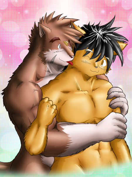 anthro brown_body brown_fur duo fur hug hugging_another hugging_from_behind humanoid_hands licking male male/male muscular muscular_male tongue tongue_out kokukokuboo ryuu_majin canid canine canis domestic_dog mammal 2009 3:4