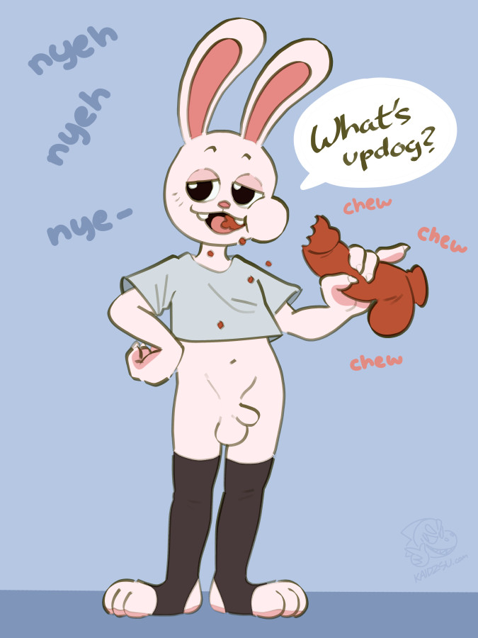 anthro balls blue_background clothing crop_top dialogue dildo eating flaccid fur genitals legwear male penis penis_eating sex_toy shirt simple_background speech_bubble topwear white_body white_fur kaidzsu dumbwhore lagomorph leporid mammal rabbit 3:4 meme