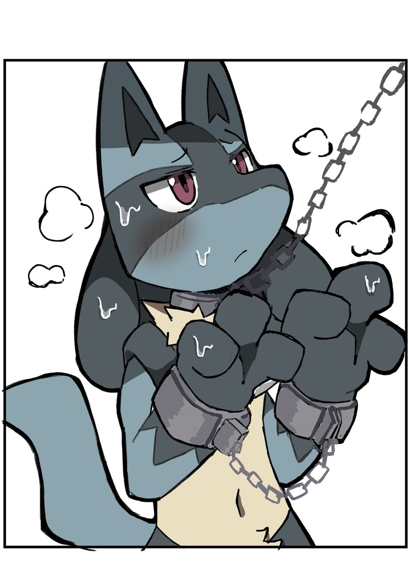 anthro biped blue_body blue_fur bodily_fluids chain chain_leash collar cuff_(restraint) fur leash male metal_collar metal_cuffs red_eyes restraints solo submissive submissive_anthro submissive_male sweat sweaty_body p1ka_aya nintendo pokemon generation_4_pokemon lucario pokemon_(species)