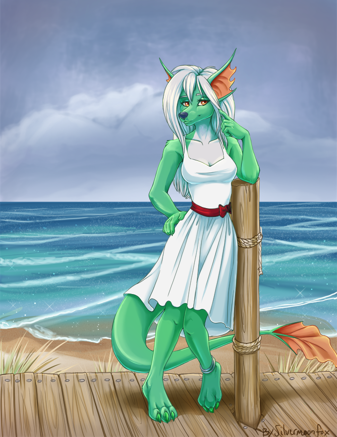 3_toes 5_fingers anthro barefoot biped breasts clothed clothing day detailed_background eyebrows eyelashes feet female fingers fully_clothed fur green_body green_fur hair non-mammal_breasts outside sky smile solo toes white_hair silvermoonfox canid canine canis fish hybrid mammal marine wolf 2019 digital_media_(artwork)