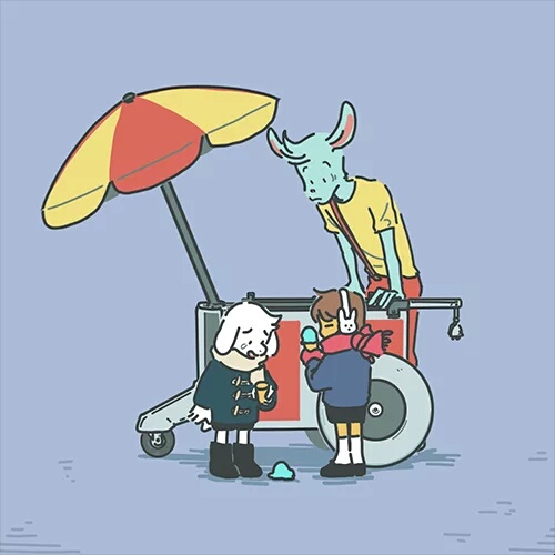 ambiguous_gender anthro blue_background blue_body blue_fur bodily_fluids crying dessert ear_warmers food fur group ice_cream long_ears male parasol simple_background tears white_body white_fur someclevernamepun undertale undertale_(series) asriel_dreemurr frisk_(undertale) nicecream_man boss_monster_(undertale) bovid caprine goat human lagomorph leporid mammal rabbit 1:1 low_res