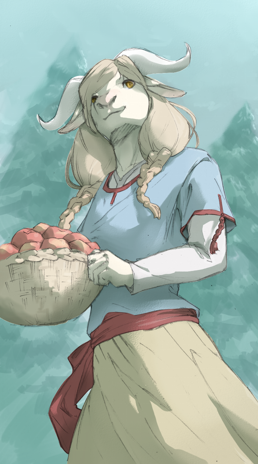 anthro apple bottomwear braided_hair clothing female food fruit hair holding_object long_hair long_sleeves plant skirt smile solo tree 9x9 bovid caprine goat mammal hi_res