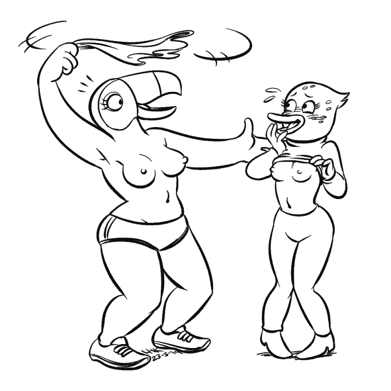 anthro bare_breasts beak blush bottomwear breasts clothed clothing clothing_lift duo female footwear nipples non-mammal_breasts non-mammal_nipples pants shirt shirt_lift shoes shorts sneakers topless topwear undressing largehadronkalidah netflix tuca_and_bertie bertie_(tuca_and_bertie) tuca_(tuca_and_bertie) avian bird oscine passerine ramphastos thrush_(bird) toco_toucan toucan 1:1 2019 black_and_white monochrome sketch