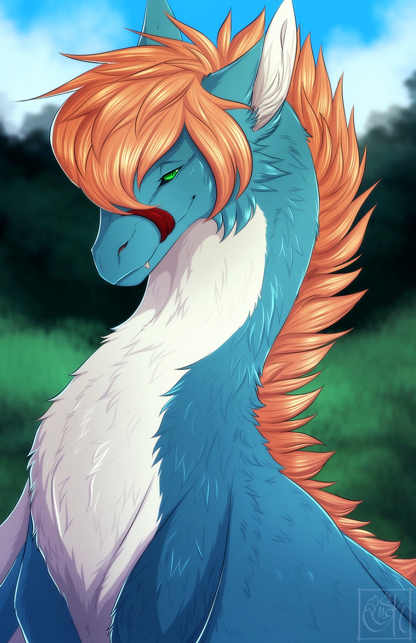 ambiguous_gender blue_body blue_fur day detailed_background feral fur green_eyes hair orange_hair outside sky solo white_body white_fur silvyr mythology dragon furred_dragon furred_scalie mythological_creature mythological_scalie scalie 2020 digital_media_(artwork) hi_res