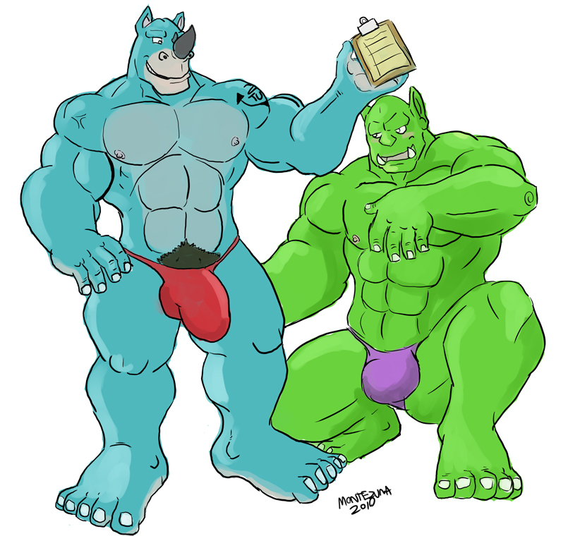 anthro barefoot blue_body blue_skin blush bulge clipboard clothing countershading duo facial_horn feet green_body green_skin horn male muscular muscular_anthro muscular_male nipples nose_horn pink_nipples pubes tattoo thong tusks underwear montezuma_(artist) bruno_rhynox trassk humanoid mammal orc rhinoceros 2010