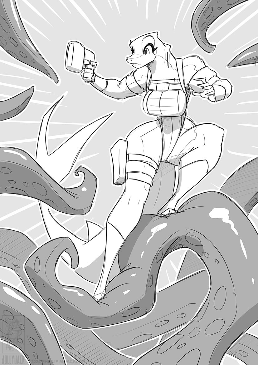 anthro boots clothed clothing female footwear fully_clothed gills gun handgun holster pistol ranged_weapon raygun shoes solo tail tentacles weapon conditional_dnp jollyjack tara_(jollyjack) fish marine shark 2024 greyscale monochrome