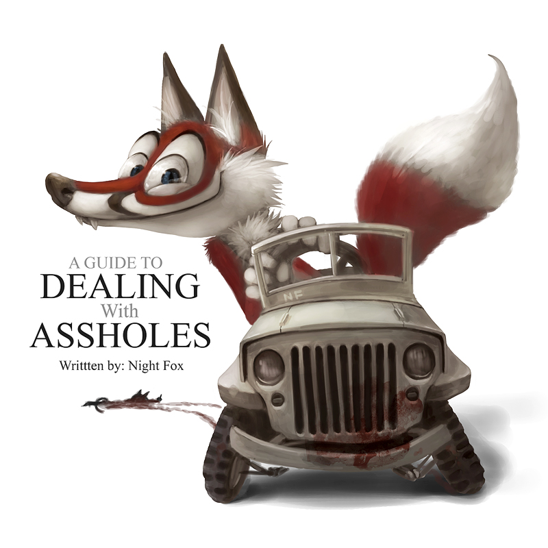 ambiguous_gender anthro blood bodily_fluids dipstick_tail humor looking_at_viewer markings profanity roadkill simple_background smile solo tail tail_markings text white_background silverfox5213 jeep nightfox canid canine fox mammal red_fox true_fox 1:1 english_text