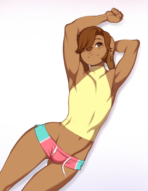 anthro arms_above_head athletic athletic_anthro athletic_male bottomwear brown_body brown_eyes brown_fur brown_hair bulge clothed clothing dolphin_shorts femboy fur hair hair_over_eye hotpants lying male midriff navel one_eye_obstructed plantigrade shorts simple_background solo white_background doxy marty_(onta) canid canine mammal