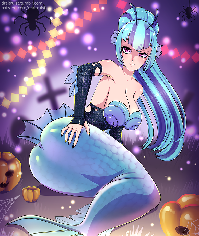 alternate_species armwear black_nails blue_hair breasts cleavage clothed clothing colored_nails elbow_gloves featureless_butt female food fruit gloves hair handwear jack-o'-lantern looking_at_viewer nails plant pumpkin purple_eyes solo split_form v_bangs draltruist equestria_girls hasbro my_little_pony sonata_dusk_(eg) humanoid marine merfolk 2018