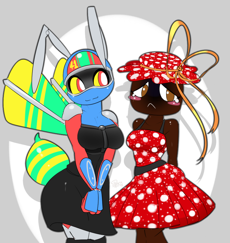 anthro anthrofied blush bodily_fluids breasts brown_eyes clothed clothing crying dress duo female food insect_wings machine marmalade_(food) non-mammal_breasts polka_dots red_eyes ribbons shadow smile tears wings yellow_sclera elpatrixf daytona_hornet daytona_usa sega marmalade_(elpatrixf) sad_jar_of_marmalade arthropod food_creature hornet hymenopteran insect robot vespid wasp 2015