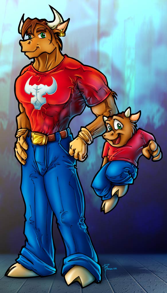 anthro biceps bottomwear brown_hair clothed clothing comparing denim denim_bottomwear denim_clothing duo ear_piercing hair happy jeans looking_at_viewer male muscular muscular_male pants pecs piercing pose smile smirk standing tight_clothing young young_anthro magolobo pepe_toro_(magolobo) bovid bovine cattle mammal colored digital_media_(artwork)