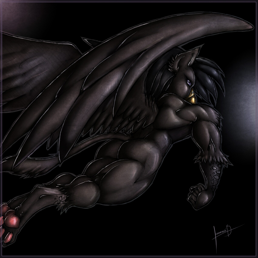 anthro black_hair butt feathered_wings feathers hair male muscular muscular_anthro muscular_male solo wings krinkels european_mythology greek_mythology mythology avian harpy mythological_avian mythological_creature 1:1 2015