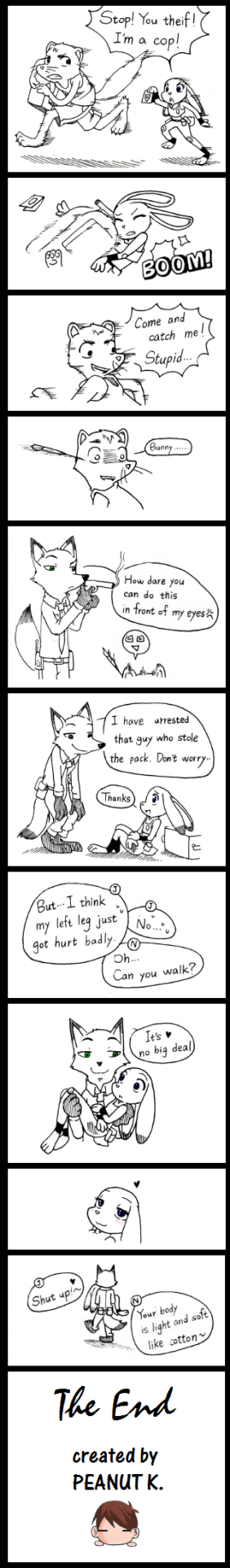 blush bridal_carry carrying_another clothing dart dart_gun duo female heart_symbol male police police_uniform running shooting simple_background text unconscious uniform white_background peanut.k disney zootopia judy_hopps nick_wilde canid canine fox lagomorph leporid mammal rabbit red_fox true_fox black_and_white comic english_text hi_res long_image monochrome tall_image