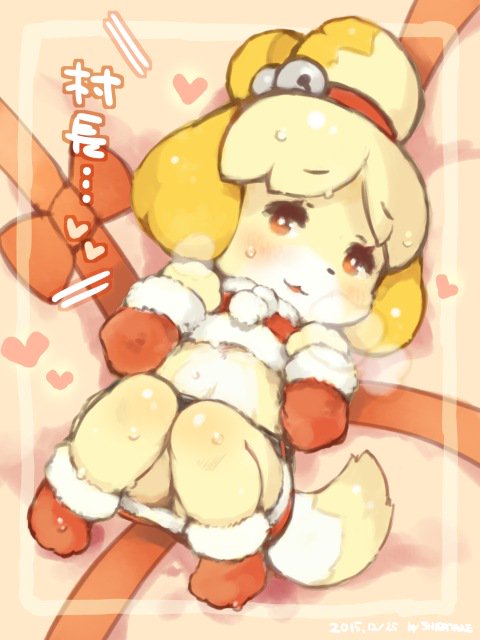 accessory amber_eyes anthro bell biped blonde_hair blush bodily_fluids bottomwear chibi christmas_clothing clothing costume dialogue female footwear fur gift_bow hair hair_accessory heart_symbol high-angle_view holidays looking_at_viewer lying midriff multicolored_body multicolored_fur on_back red_ribbon ribbons santa_costume skirt socks solo sweat talking_to_viewer text two_tone_body two_tone_fur white_body white_fur yellow_body yellow_fur shigatake animal_crossing christmas nintendo isabelle_(animal_crossing) canid canine canis domestic_dog mammal shih_tzu toy_dog 2015 3:4 artist_name dated japanese_text signature translated